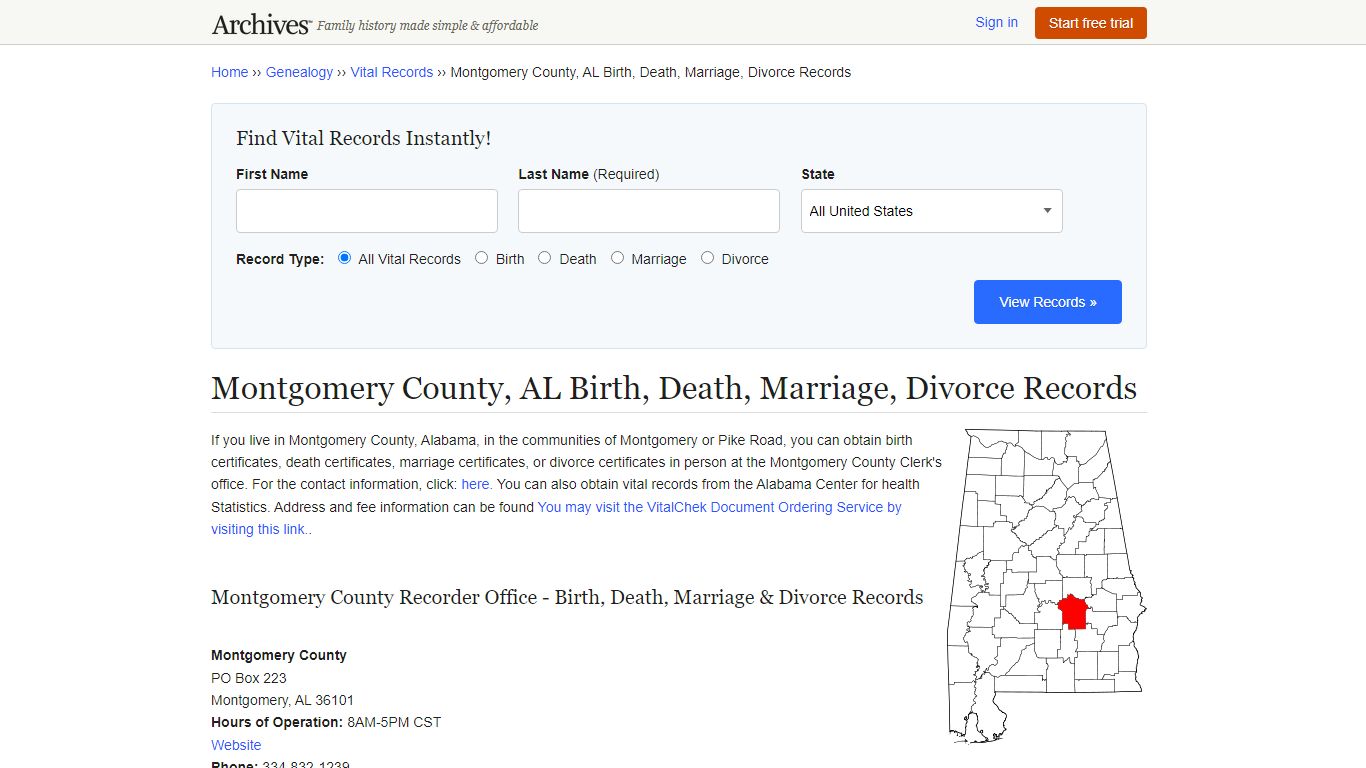 Montgomery County, AL Birth, Death, Marriage, Divorce Records